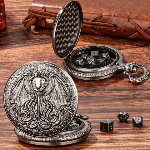 Eldritch Time Master - 7 Piece Mini Metal Polyhedral Dice Set & Pocket Watch Style Case