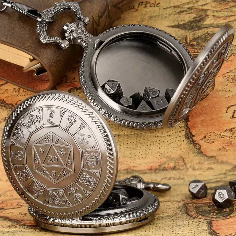 Fates Watch - 7 Piece Mini Metal Polyhedral Dice Set & Pocket Watch Style Case