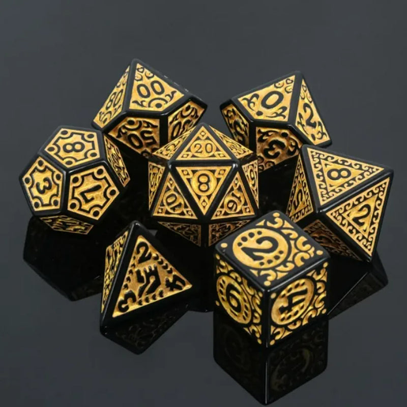 Golden Flame - 7 Piece Polyhedral Dice Set + Dice Bag