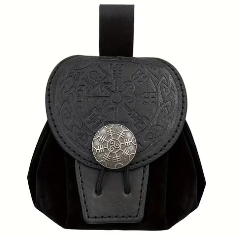Hel's Compass Belt Pouch - 2-in-1 Drawstring Faux Leather Dice Bag & Dice Tray