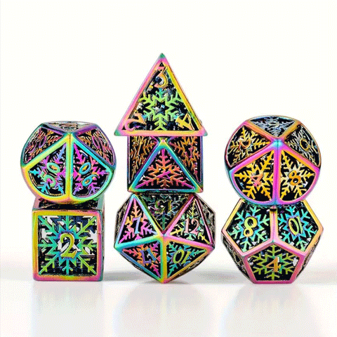 Iridescent Snowflake - 7 Piece Hollow Metal Polyhedral Dice Set & Dice Case