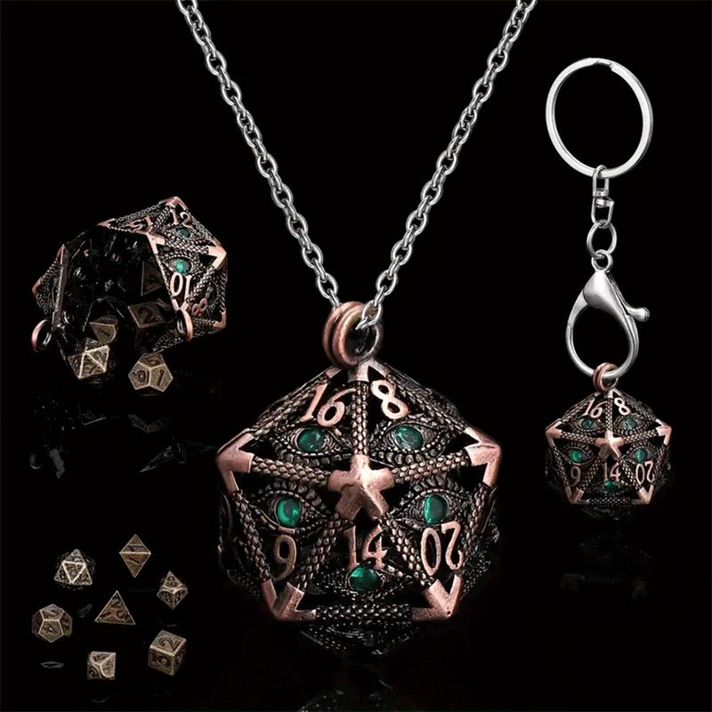 Jade Dragon Eye Dice Necklace with 7 Piece Mini Metal Polyhedral Dice Set