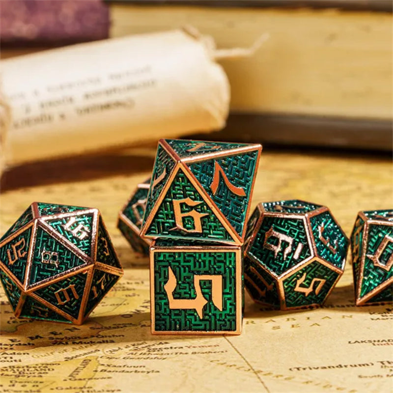 Jade Maze - 7 Piece Metal Polyhedral Dice Set & Dice Case