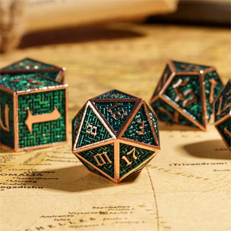 Jade Maze - 7 Piece Metal Polyhedral Dice Set & Dice Case