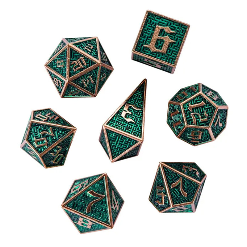 Jade Maze - 7 Piece Metal Polyhedral Dice Set & Dice Case