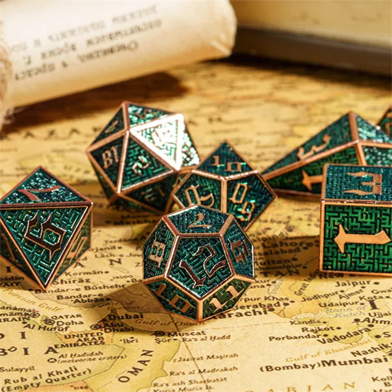Jade Maze - 7 Piece Metal Polyhedral Dice Set & Dice Case