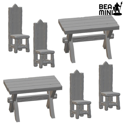 Table & Chairs (2 Tables & 4 Chairs) | BeaMini Unpainted RPG Miniatures