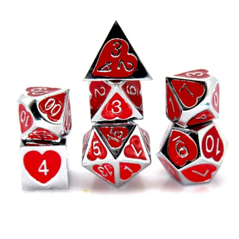 Queen of Hearts - 7 Piece Metal Polyhedral Dice Set & Dice Case