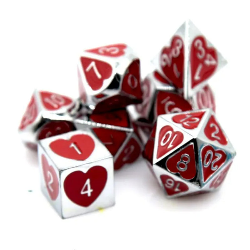 Queen of Hearts - 7 Piece Metal Polyhedral Dice Set & Dice Case