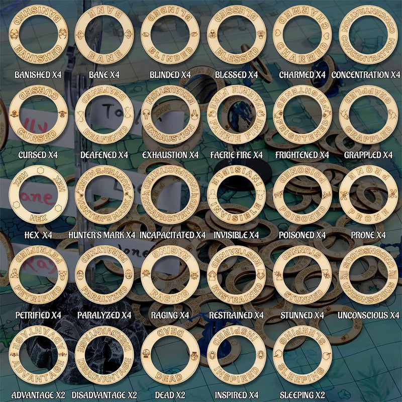 RPG Wooden Condition Rings - 29 Conditions & Spells (106 Condition Rings )