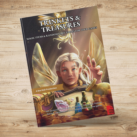 "Trinkets & Treasures by Bea Books, a tabletop RPG resource packed with random loot tables, magical treasures, trinkets, gems, and adventure rewards."