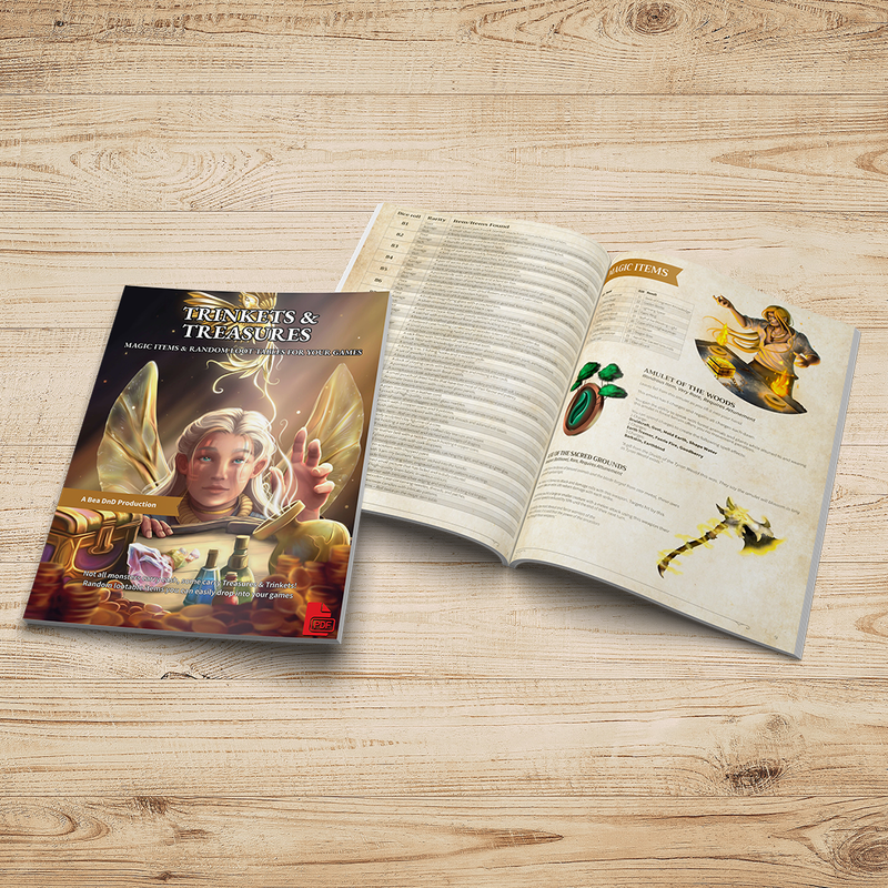 "Trinkets & Treasures by Bea Books, a tabletop RPG resource packed with random loot tables, magical treasures, trinkets, gems, and adventure rewards."