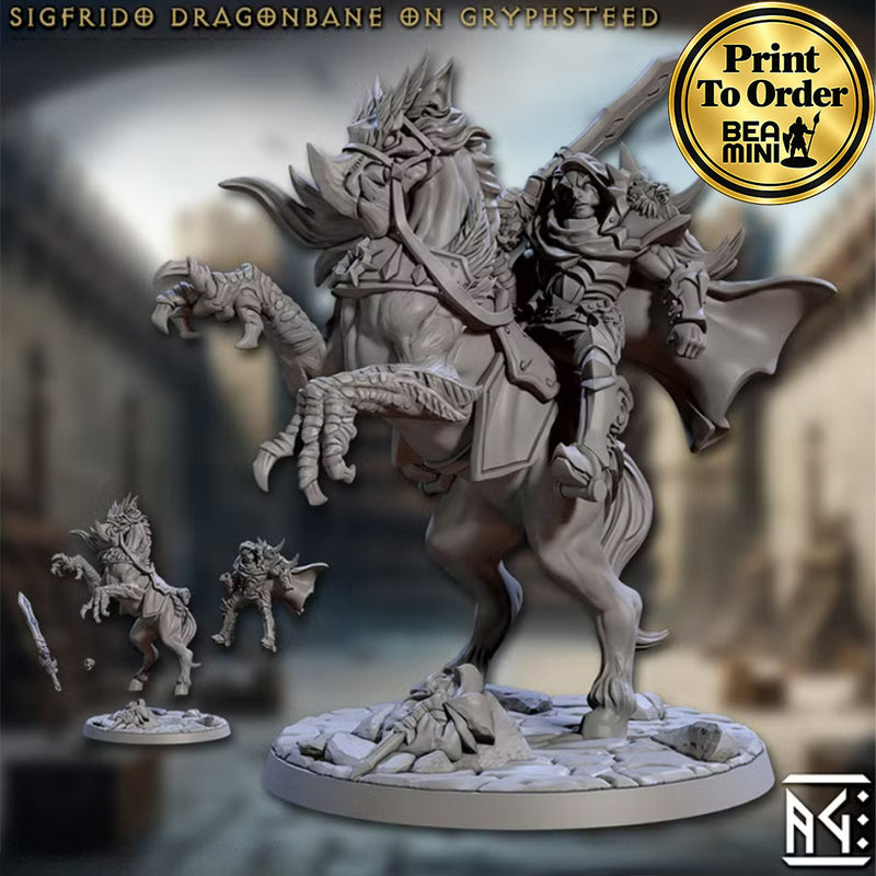 Sigfrido Human Paladin on Gryphsteed | BeaMini Print to Order Miniatures