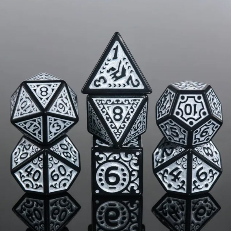 Silver Flame - 7 Piece Polyhedral Dice Set + Dice Bag