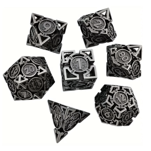 Antique Power Stone - 7 Piece Hollow Metal Polyhedral Dice Set & Dice Case