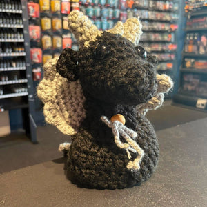 Handmade Crochet Dice Dragon - Black and Grey