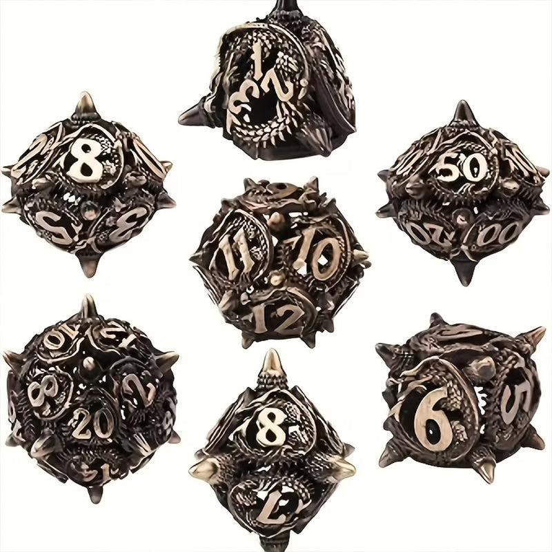 Brass Dragon Ball - 7 Piece Hollow Metal Polyhedral Dice Set & Dice Case