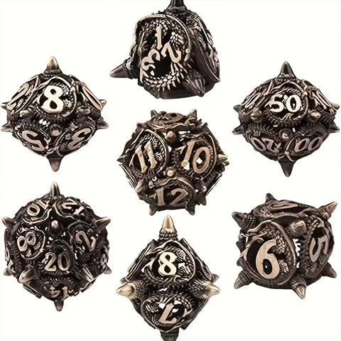Brass Dragon Ball - 7 Piece Hollow Metal Polyhedral Dice Set & Dice Case
