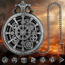 Chronomancer - 7 Piece Mini Metal Polyhedral Dice Set & Pocket Watch Style Case