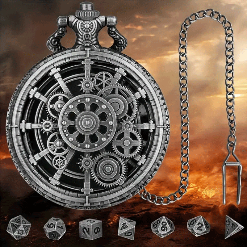 Chronomancer - 7 Piece Mini Metal Polyhedral Dice Set & Pocket Watch Style Case