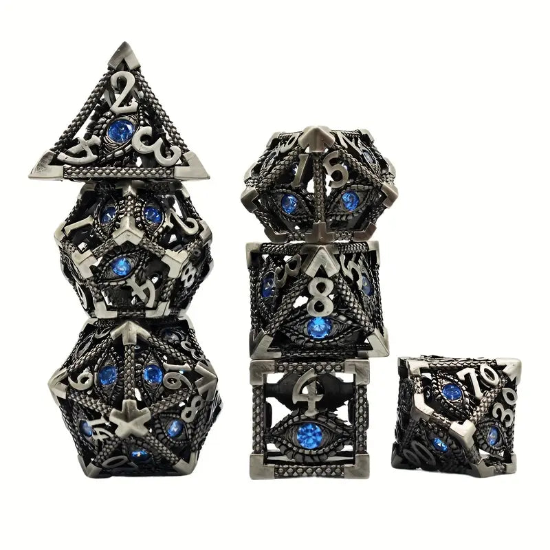Sapphire's Eye - 7 Piece Hollow Metal Polyhedral Dice Set & Dice Case