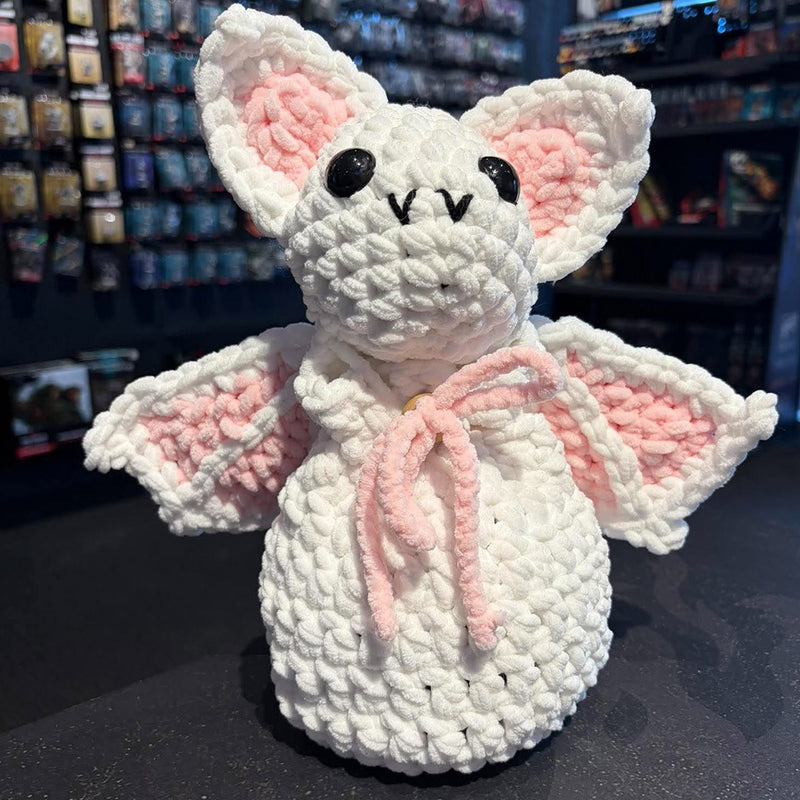 Handmade Crochet Dice Bat - White and Pink