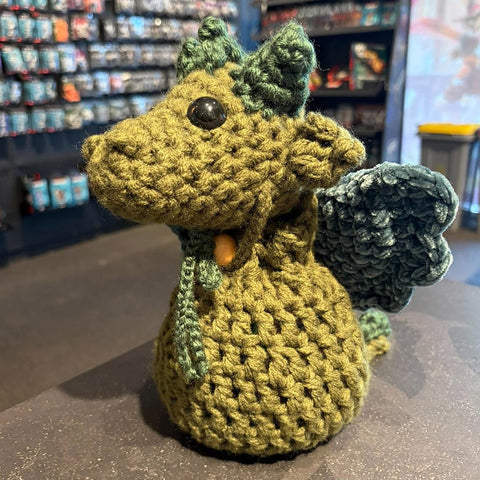 Handmade Crochet Dice Dragon - Olive Green
