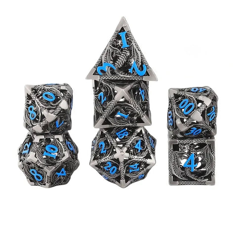Dragons of Winter Night - 7 Piece Hollow Metal Polyhedral Dice Set & Dice Case
