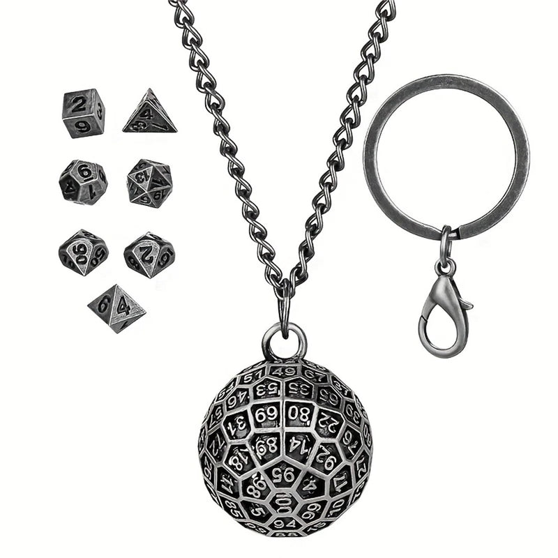 D20 Cage Dice Necklace (Gunmetal) with 7 Piece Mini Metal Polyhedral Dice Set