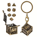 Mindflayer Cage Dice Keychain (Bronze) with 7 Piece Mini Metal Polyhedral Dice Set