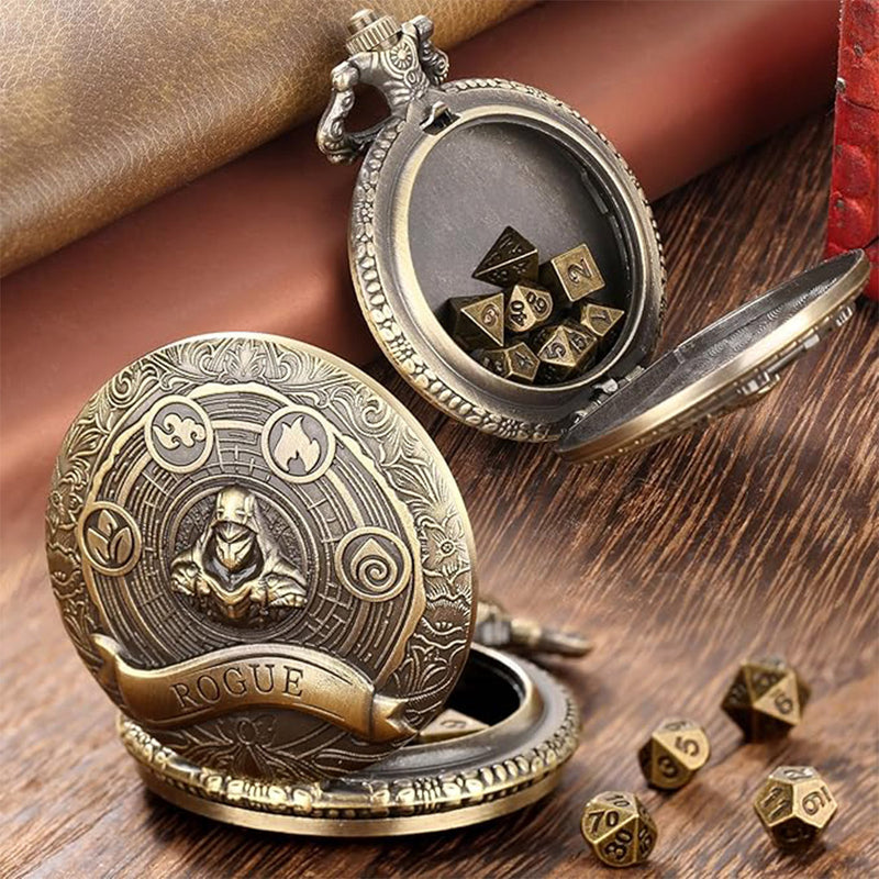 The Cunning Rogue - 7 Piece Mini Metal Polyhedral Dice Set & Pocket Watch Style Case