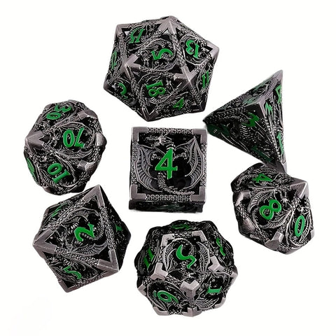 Dragons of Summers End - 7 Piece Hollow Metal Polyhedral Dice Set & Dice Case
