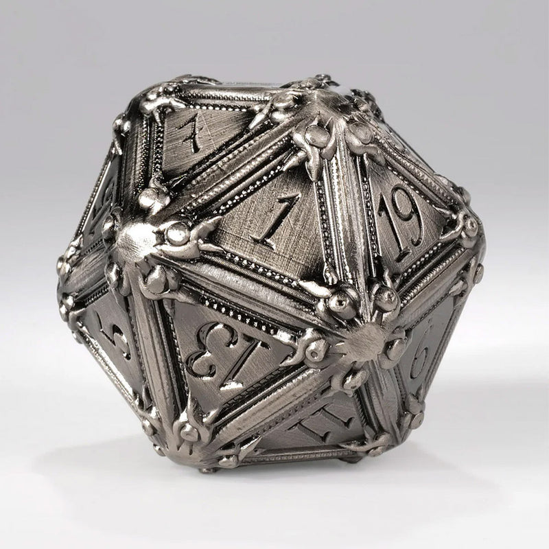 50mm Metal D20 - Geometric Horrors: Silver Golem's Eyes by Kraken Dice