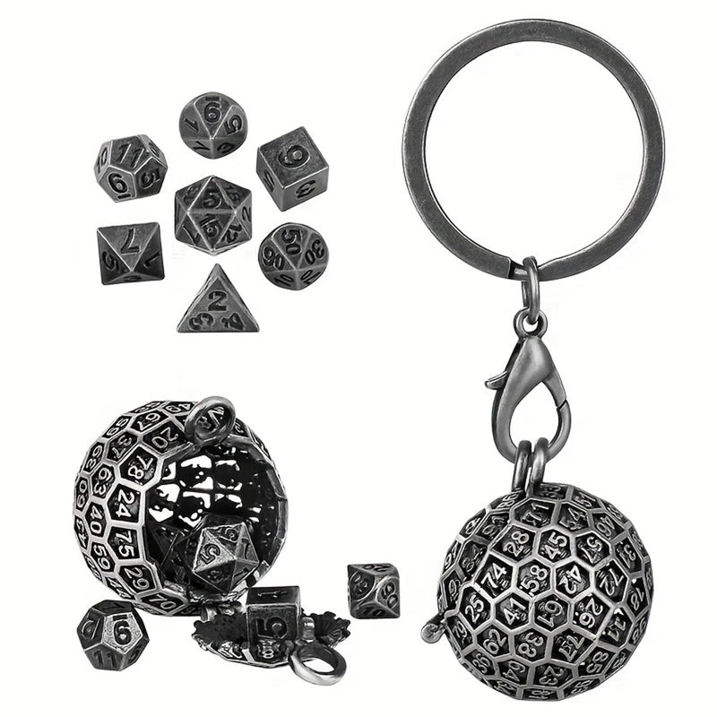 D20 Cage Dice Necklace (Gunmetal) with 7 Piece Mini Metal Polyhedral Dice Set