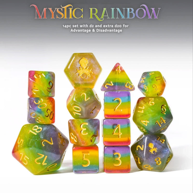 Mystic Rainbow 14pc Dice Set Inked in Gold by Kraken Dice