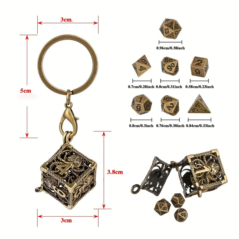 Mindflayer Cage Dice Necklace (Bronze) with 7 Piece Mini Metal Polyhedral Dice Set