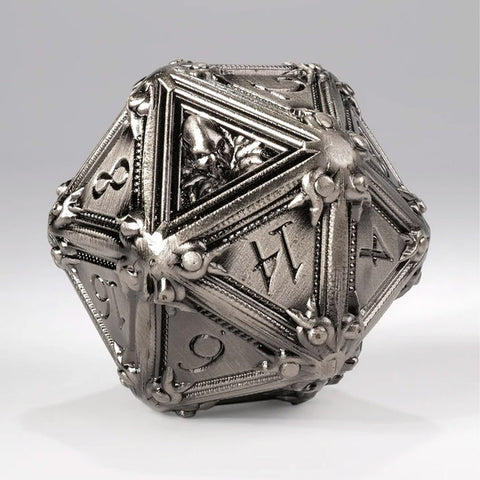 50mm Metal D20 - Geometric Horrors: Silver Golem's Eyes by Kraken Dice