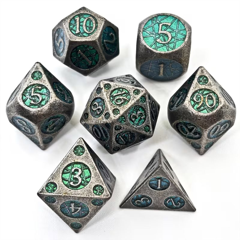 Druid's Diamond - 7 Piece Metal Polyhedral Dice Set & Dice Case