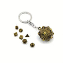 D20 Cage Dice Necklace (Gold) with 7 Piece Mini Metal Polyhedral Dice Set