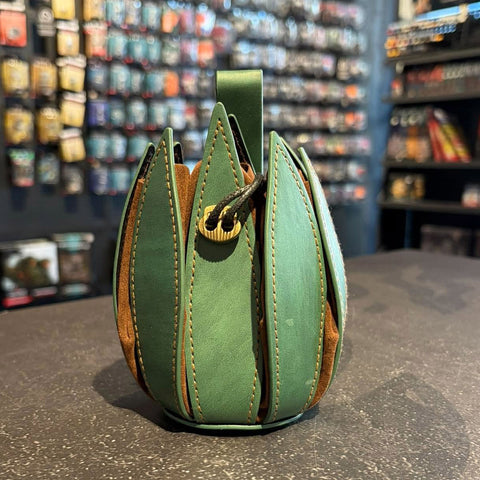 Green Lotus Belt Pouch - 2-in-1 Drawstring Faux Leather Dice Bag & Dice Tray