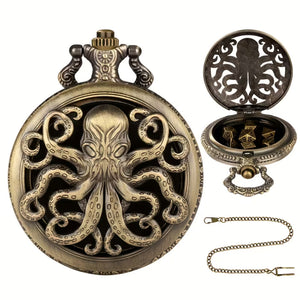Mindflayer Time (Brass) - 7 Piece Mini Metal Polyhedral Dice Set & Pocket Watch Style Case