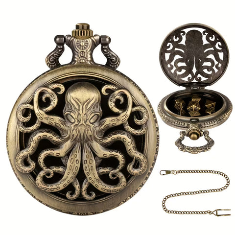 Mindflayer Time (Brass) - 7 Piece Mini Metal Polyhedral Dice Set & Pocket Watch Style Case