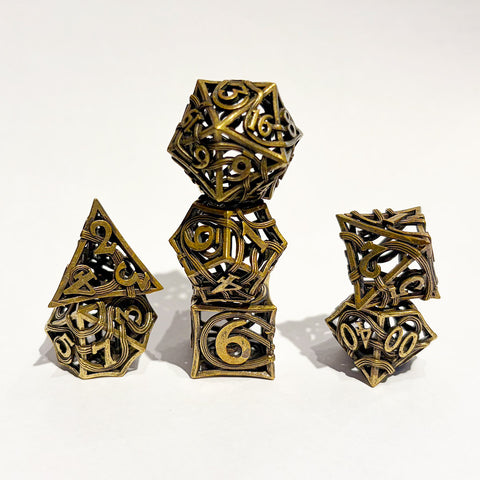Puzzle Box - 7 Piece Hollow Metal Polyhedral Dice Set & Dice Case