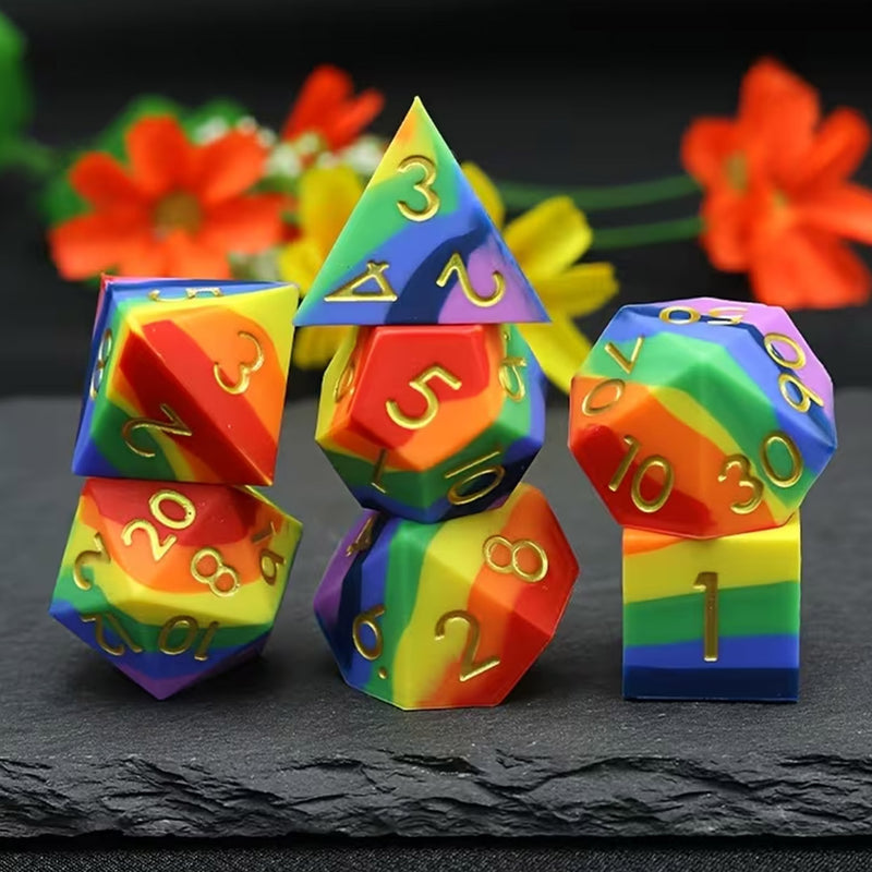 Rainbow Bounce Silicone Rubber Dice - 7 Piece Polyhedral Dice Set + Dice Bag