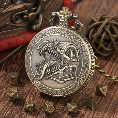 Surprise Bite (Brass) - 7 Piece Mini Metal Polyhedral Dice Set & Pocket Watch Style Case