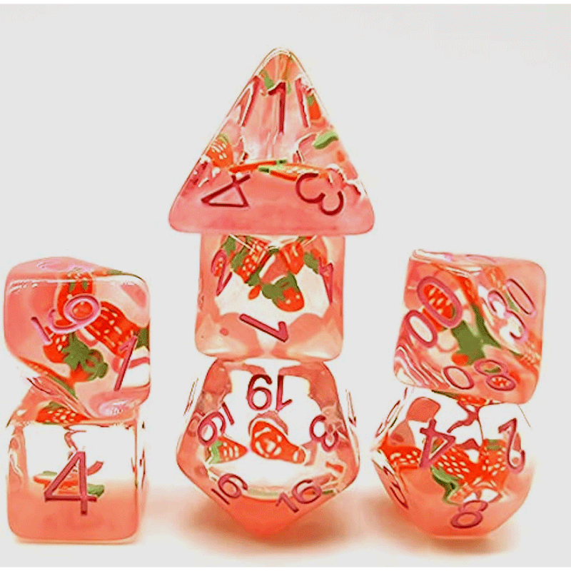 Sweet Strawberries (SUPPORT MARY POTTER HOSPICE $5 donated each sale) - 7 Piece Polyhedral Dice Set + Dice Bag