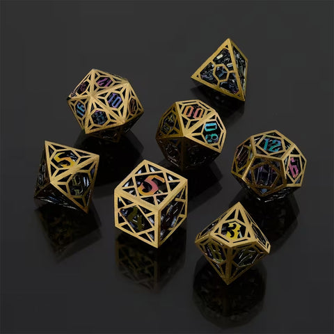 Tessellating Dreams - 7 Piece Hollow Metal Polyhedral Dice Set & Dice Case