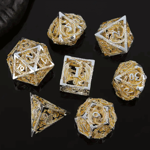 Palladium Dragon 7 Piece Hollow Metal Polyhedral Dice Set & Dice Case