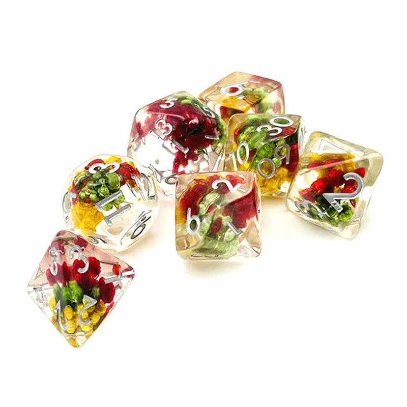 A Stitch In Time - 7 Piece Polyhedral Dice Set + Dice Bag - Bea DnD Games