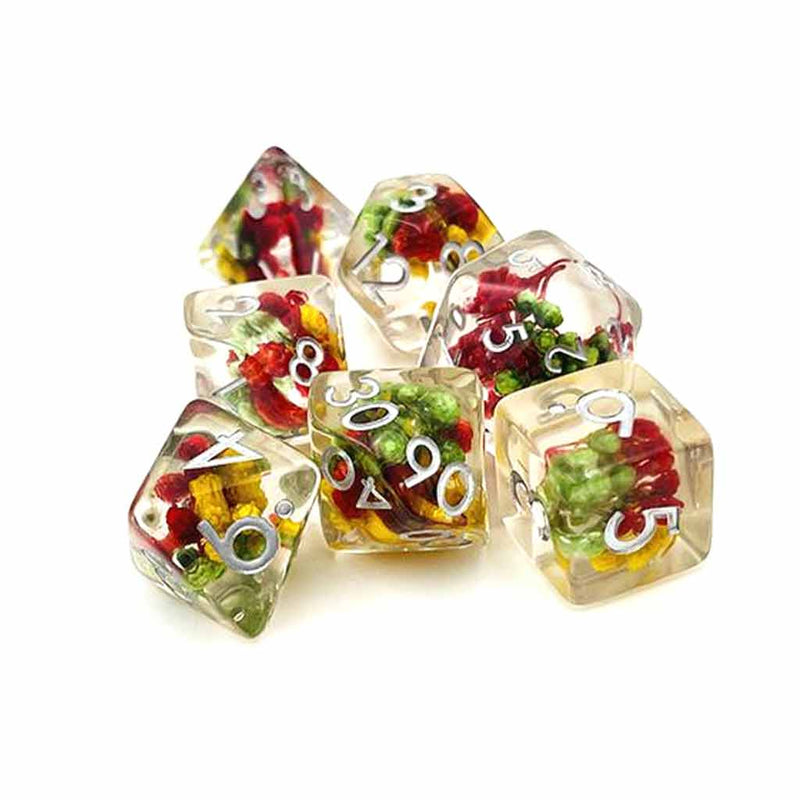 A Stitch In Time - 7 Piece Polyhedral Dice Set + Dice Bag - Bea DnD Games